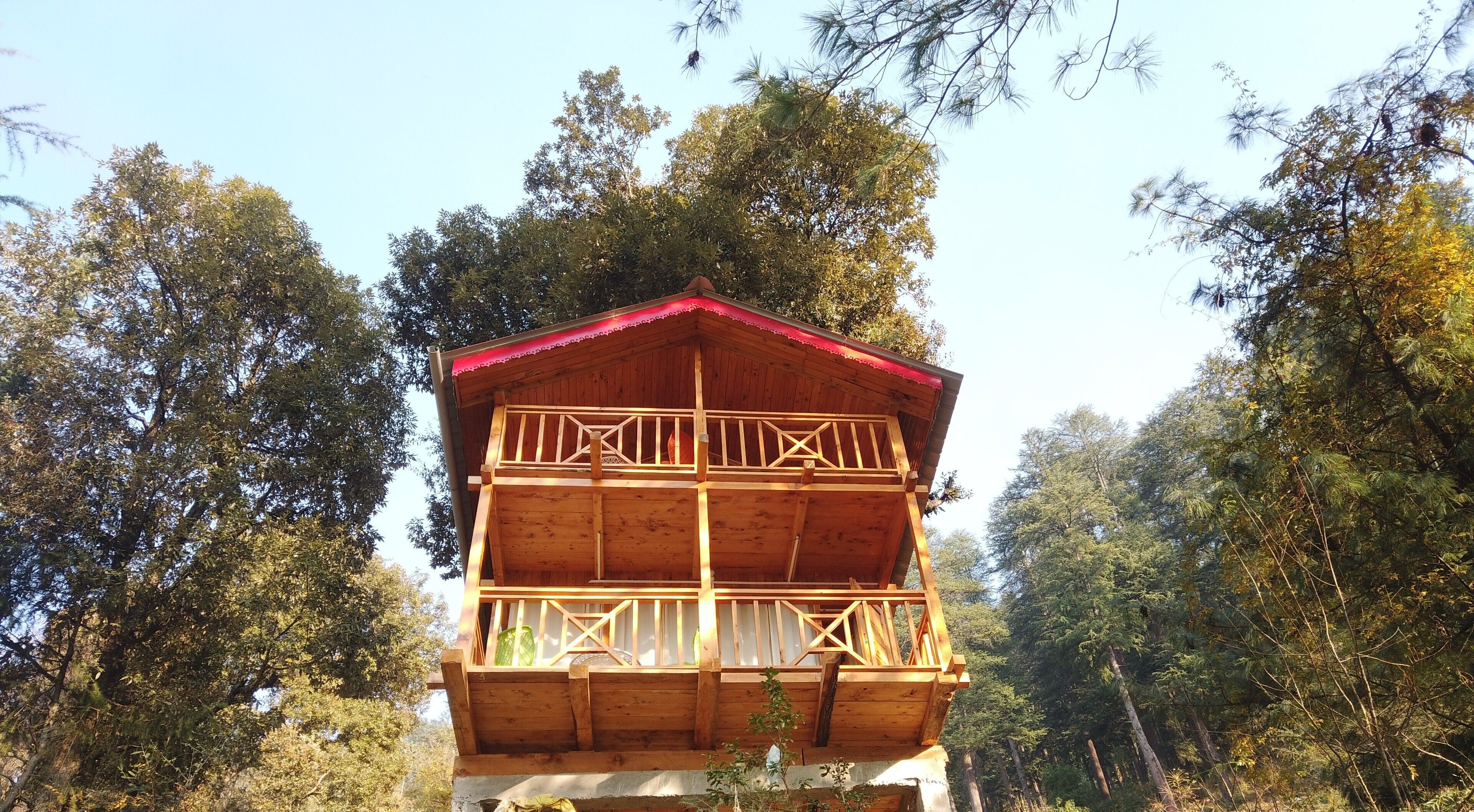 A wooden cabin with a red roof, surrounded by trees.