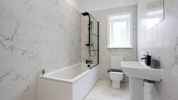 Shower, hair dryer, shampoo