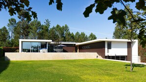 Een modern huis met een groot raam, een verzorgd gazon en een boom op de voorgrond.