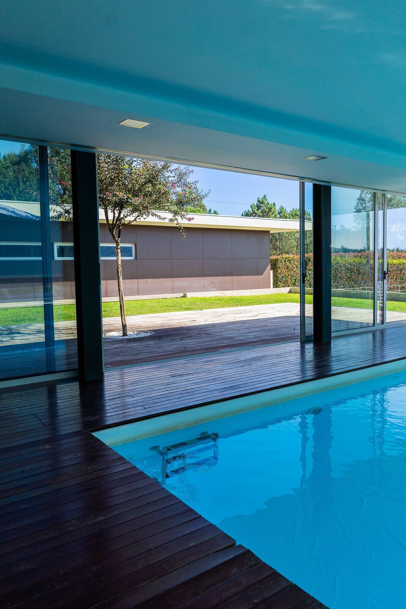 A modern indoor swimming pool with a wooden deck, large windows, and a view of a building and greenery outside.