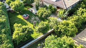 Ein Wohnhaus mit Solaranlage auf dem Dach, einem gepflegten Garten und einem gepflasterten Weg.