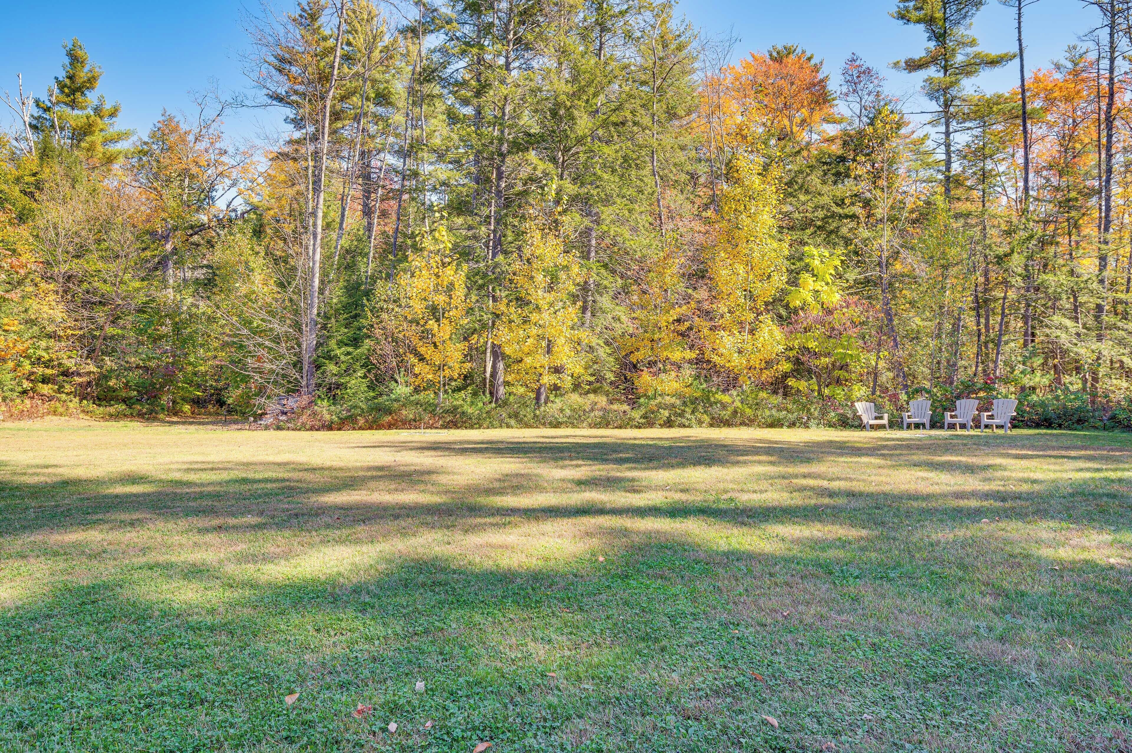 Um campo gramado com árvores ao fundo e três cadeiras Adirondack em primeiro plano.