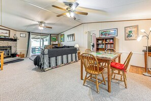 House (3 Bedrooms) | Interior - Fire Pit & Decks: Creekside Cabin in Robbinsville (Robbinsville)