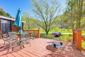 House (3 Bedrooms) | Front of property - Fire Pit & Decks: Creekside Cabin in Robbinsville (Robbinsville)
