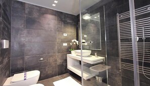 Hair dryer, bidet, towels, soap
