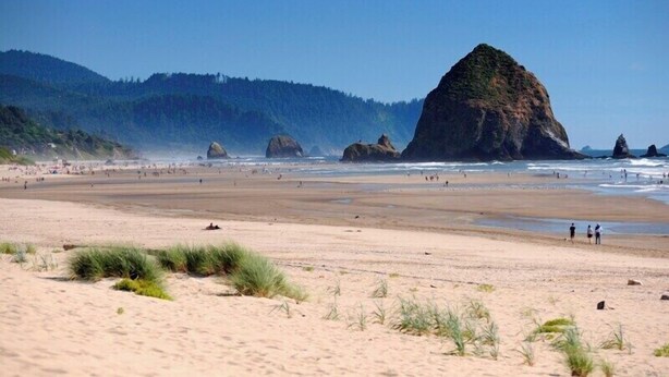 Une vaste plage de sable, avec une grande formation rocheuse visible au loin, le tout entouré de collines boisées.