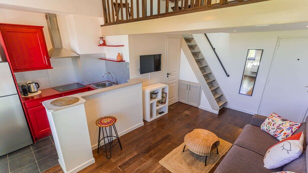 A compact living space with a kitchen, a sofa, a staircase, and a TV. - Magnificient Duplex in Old Antibes ! (Antibes)