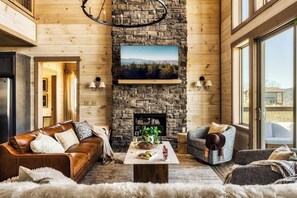 TV, fireplace, books
