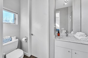 Features a large mirror above the sink, a toilet, and a window with natural light.