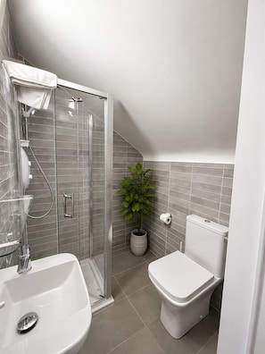 Un baño moderno con ducha envuelta en cristal, un lavabo blanco y un inodoro.