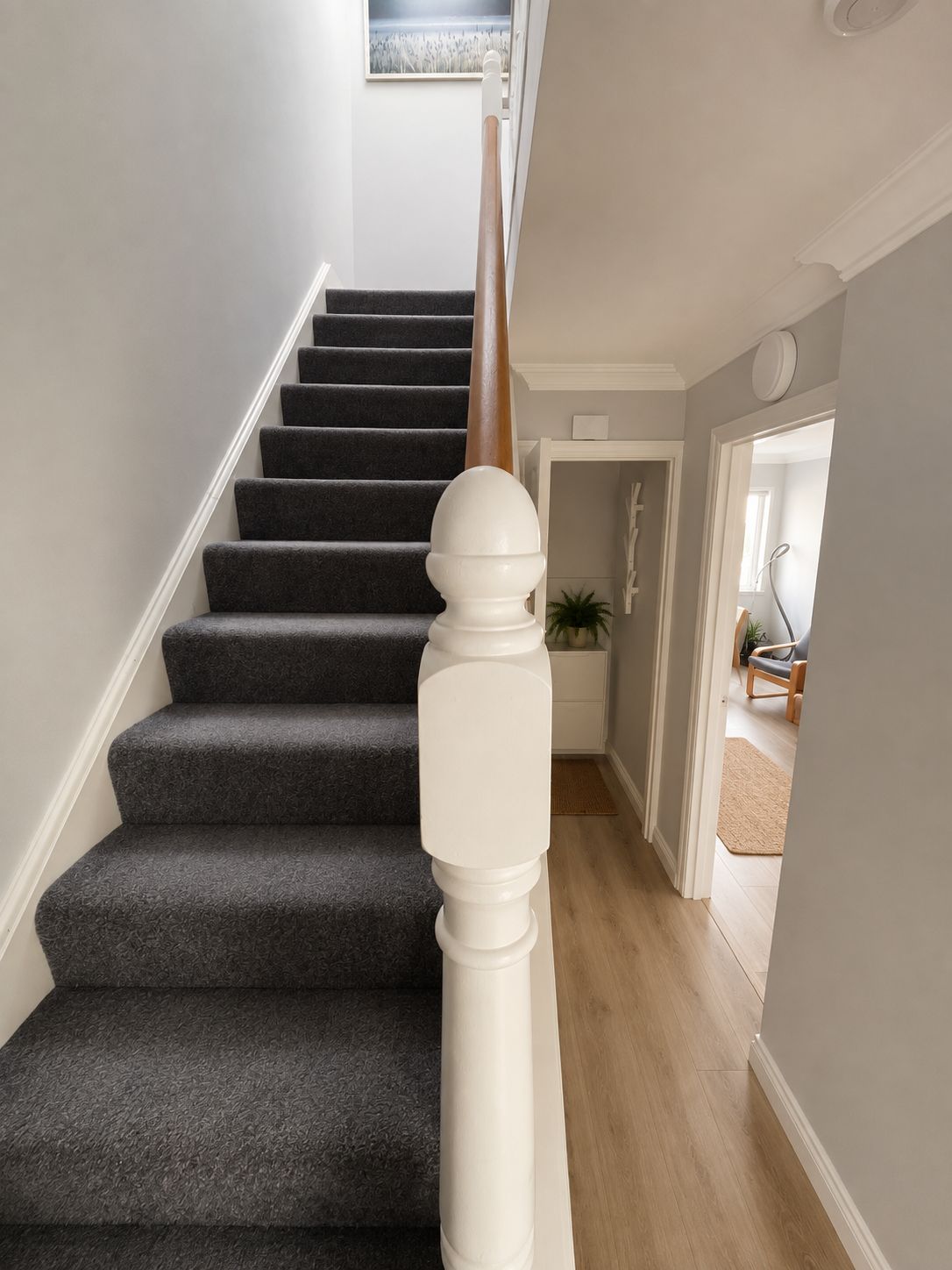 A staircase with dark carpeted steps and a white balustrade.