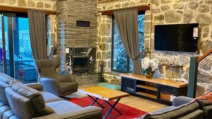 Un salon moderne avec un mur en pierre, une cheminée, des canapés en cuir et un téléviseur à écran plat.