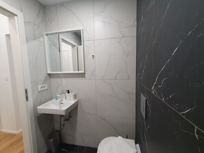 Shower, hair dryer, towels, toilet paper
