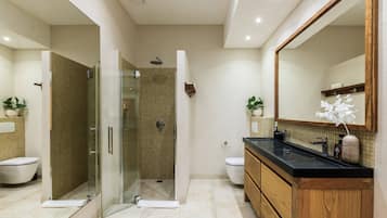 Shower, hair dryer, towels