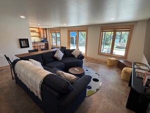 Smart TV, fireplace, books, stereo