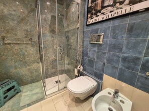 Shower, hair dryer, bidet, towels