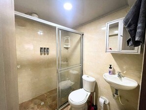 Ducha, secador de pelo y jabón