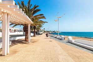 A coastal walkway with palm trees, a beach, and a clear sky.