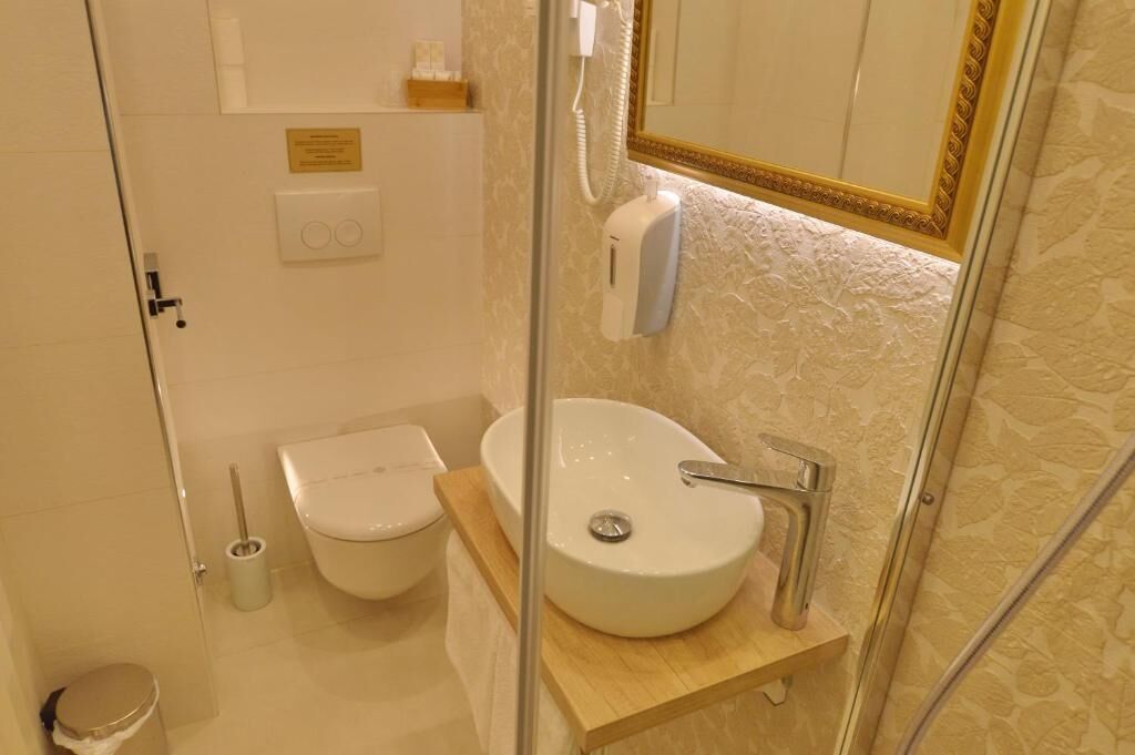 Een badkamer met een toilet, een wastafel, een handdouche en een spiegel met een gouden lijst.
