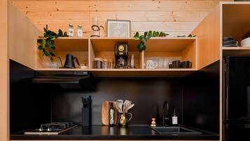 Fridge, microwave, coffee/tea maker, toaster