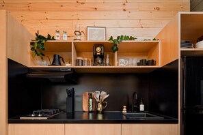 Fridge, microwave, coffee/tea maker, toaster