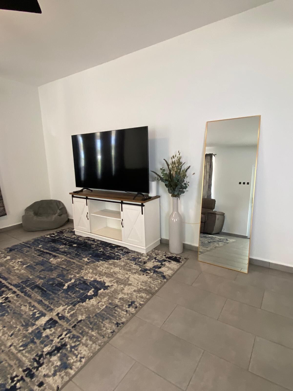Una sala de estar con una televisión de pantalla plana sobre un mueble blanco, un espejo grande, un sillón de peluche y una alfombra estampada.