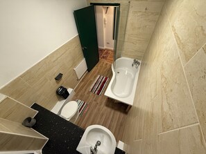 Hair dryer, towels, soap, shampoo