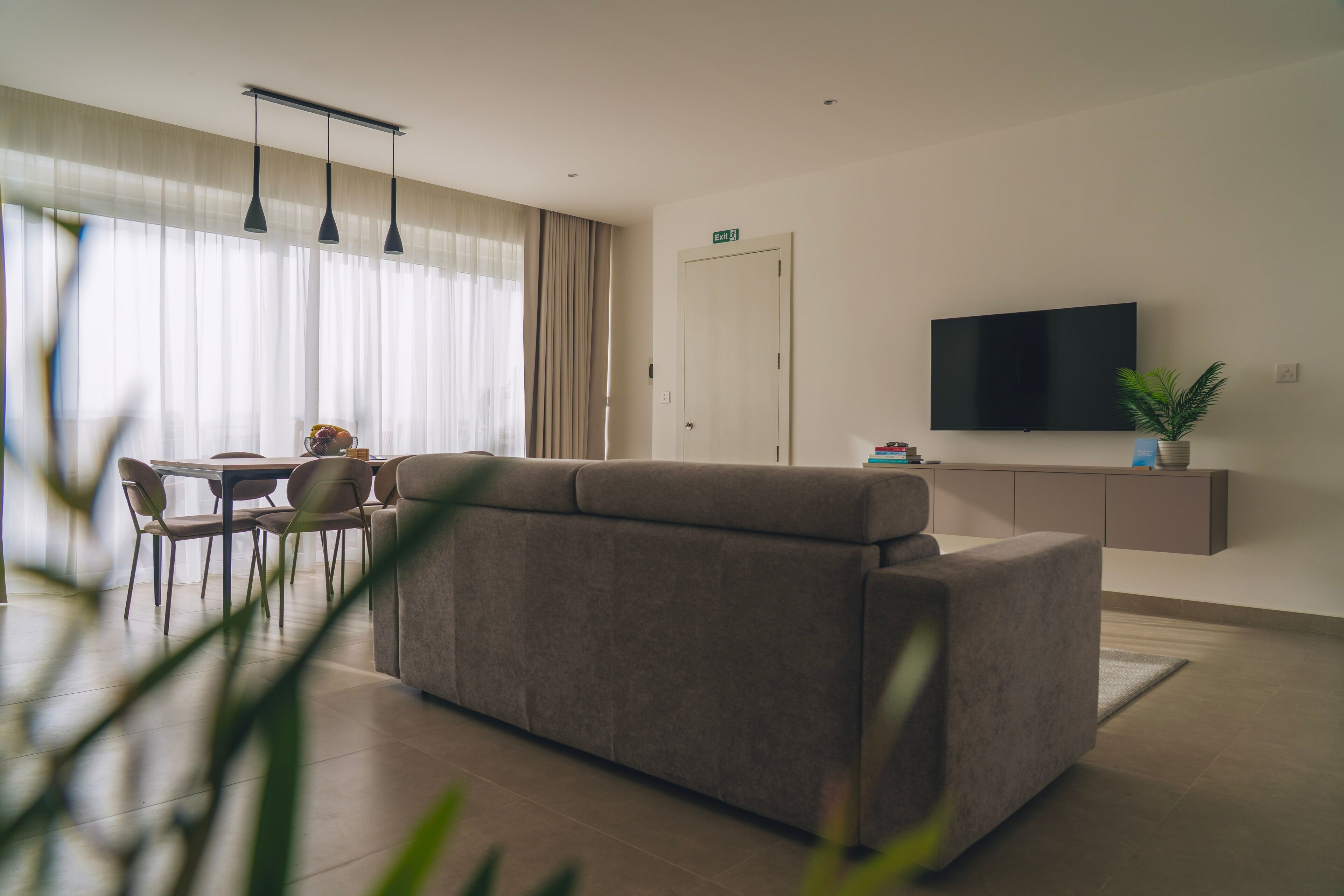 A modern living room with a sofa, a dining table, chairs, a TV, and a potted plant.