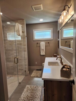 Shower, hair dryer, towels, soap