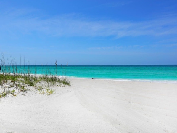 A beach with clear turquoise water and a sandy shore.