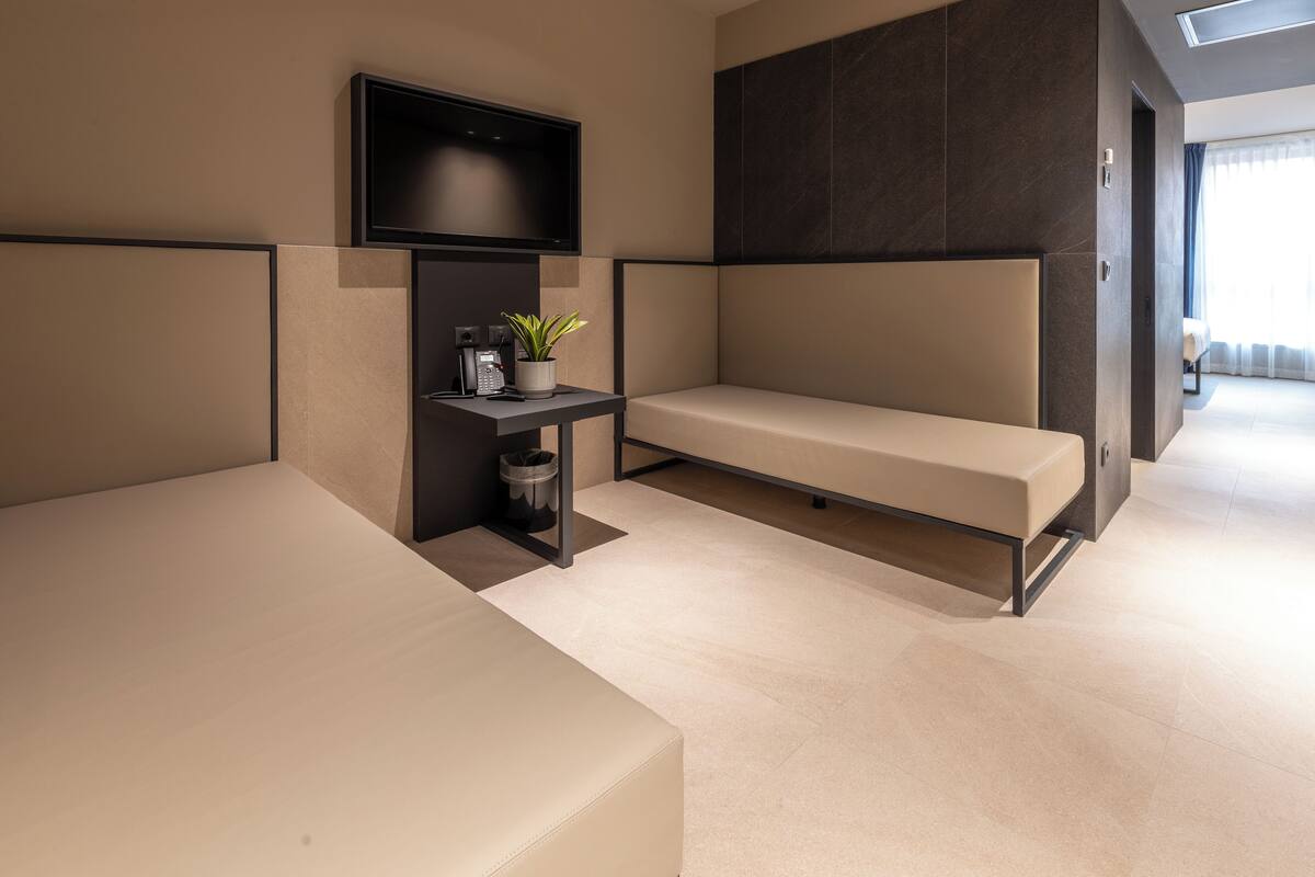 Habitación de hotel moderna con sofá, una mesita con una planta, televisor y un cubo de basura.