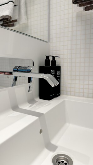 Hair dryer, towels, soap, toilet paper