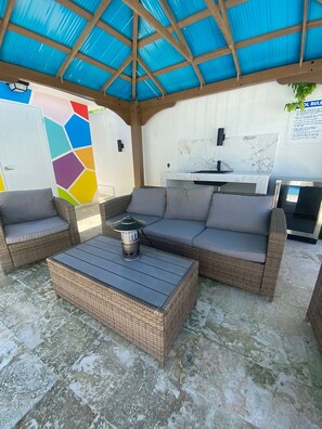 Comfort Apartment, Kitchen, Poolside | Terrace/patio