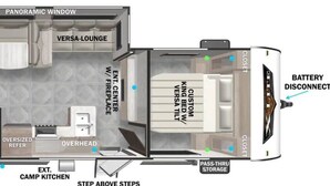 A floor plan of a motorhome with a panoramic window, Versa-lounge, Versa-queen, walk-in shower, oversized refer, overhead, Versa-bunk, camp kitchen, USB charger, 110V outlet, battery disconnect, and storage. - Cozy 2-bedroom RV in Serene Jerusalem with WiFi, AC, and plenty space to sleep (Jerusalem)