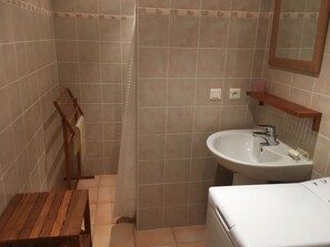 Shower, towels, toilet paper