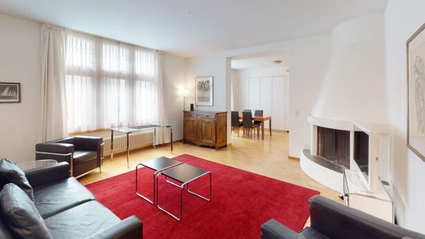 A modern living room with a red carpet, leather sofas, a dining area with a white cabinet, and a fireplace. - Nice 1BR apartment near lake (FB6) (Zürich)