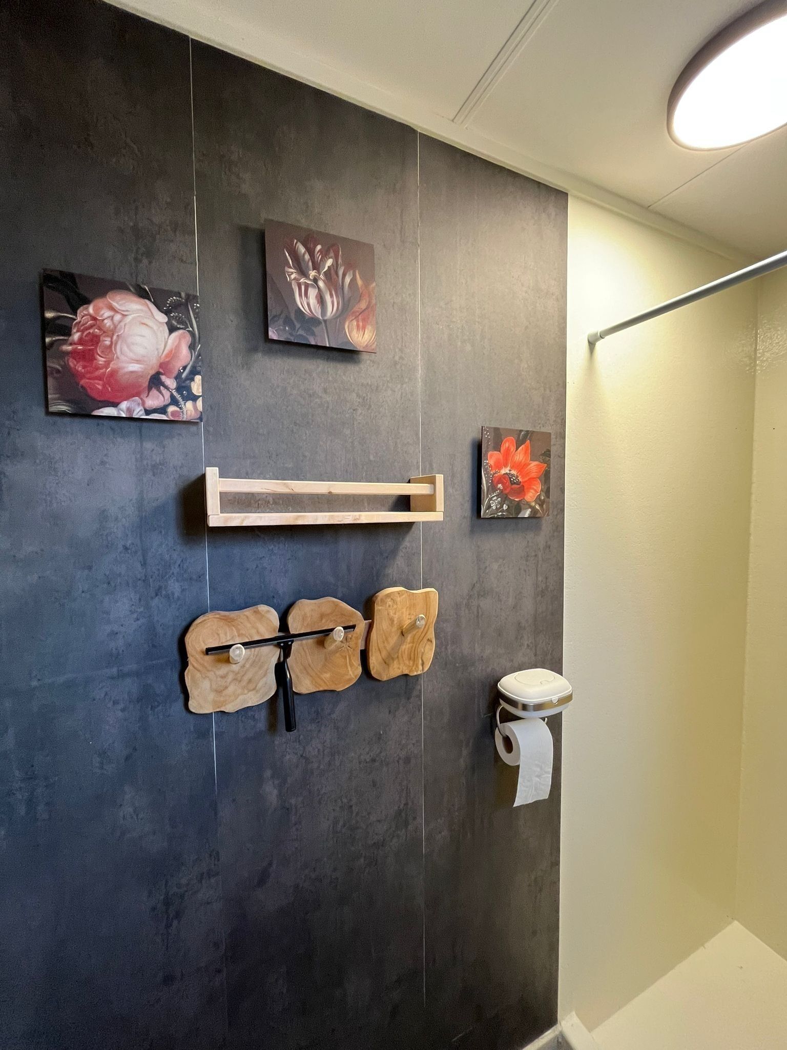 Regadera, toallas, jabón, papel de baño 