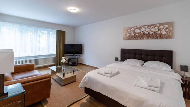A hotel room with a bed, a TV, a sofa, and a painting on the wall. - Amazing studio (37 sqm) city center/Enge (Wille 4) (Zürich)