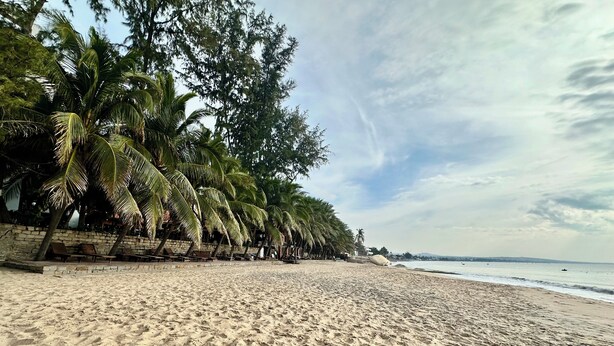 A sandy beach with palm trees and a stone wall. - Le Huynh Mui Ne Hotel (Mui Ne)