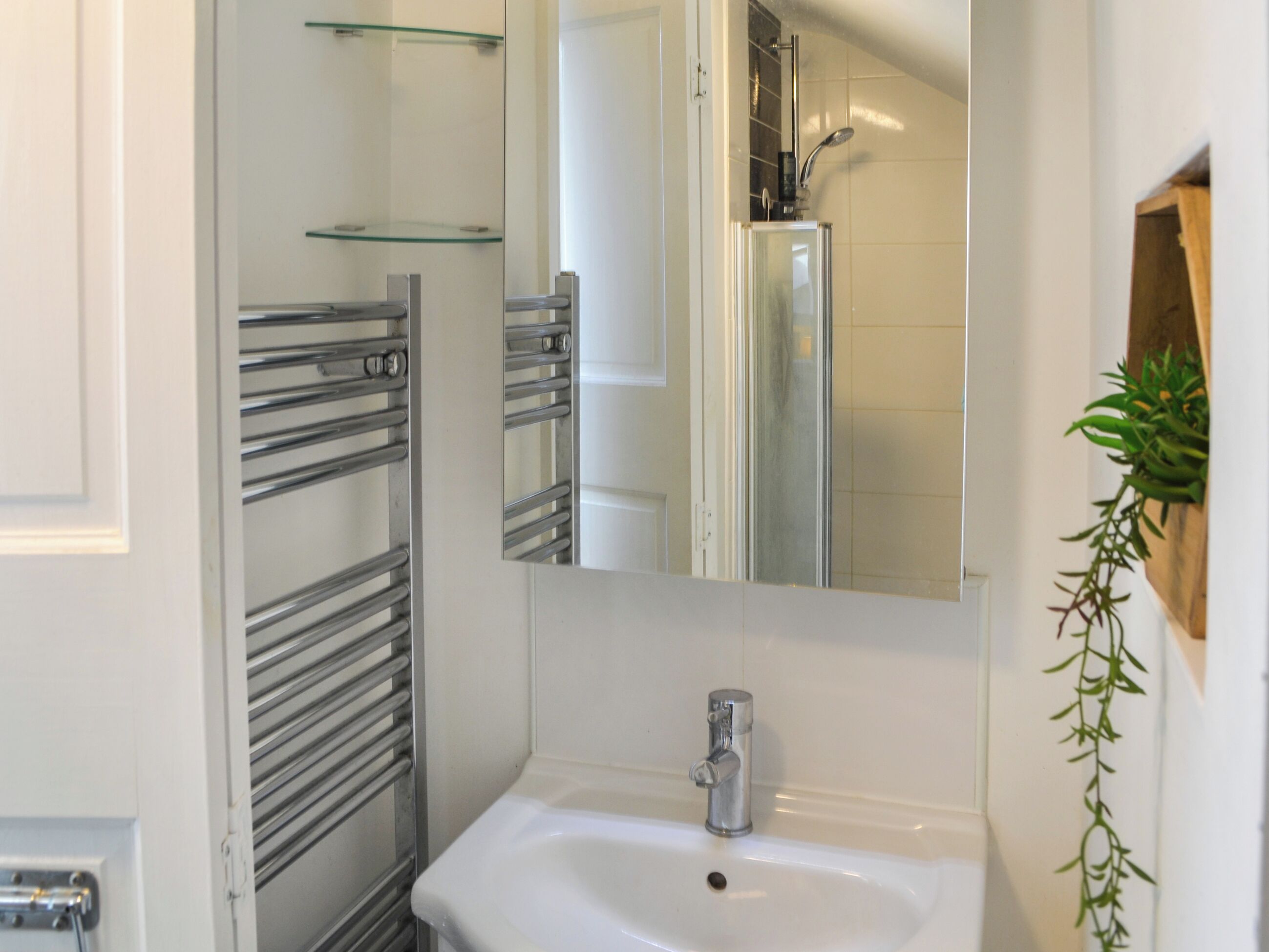 Un bagno con un lavandino bianco, uno spazio doccia in vetro e un portasciutto in metallo.