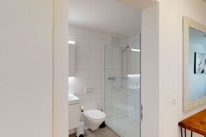 A modern bathroom with a glass shower enclosure, a toilet, and a sink. - Sunny and big studio Zürich city (SUN 10) (Zürich)