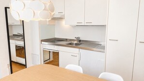 A modern kitchen with white cabinets, stainless steel countertops, and a unique pendant light. - Charming studio in the city centre (Art 4) (Zürich)