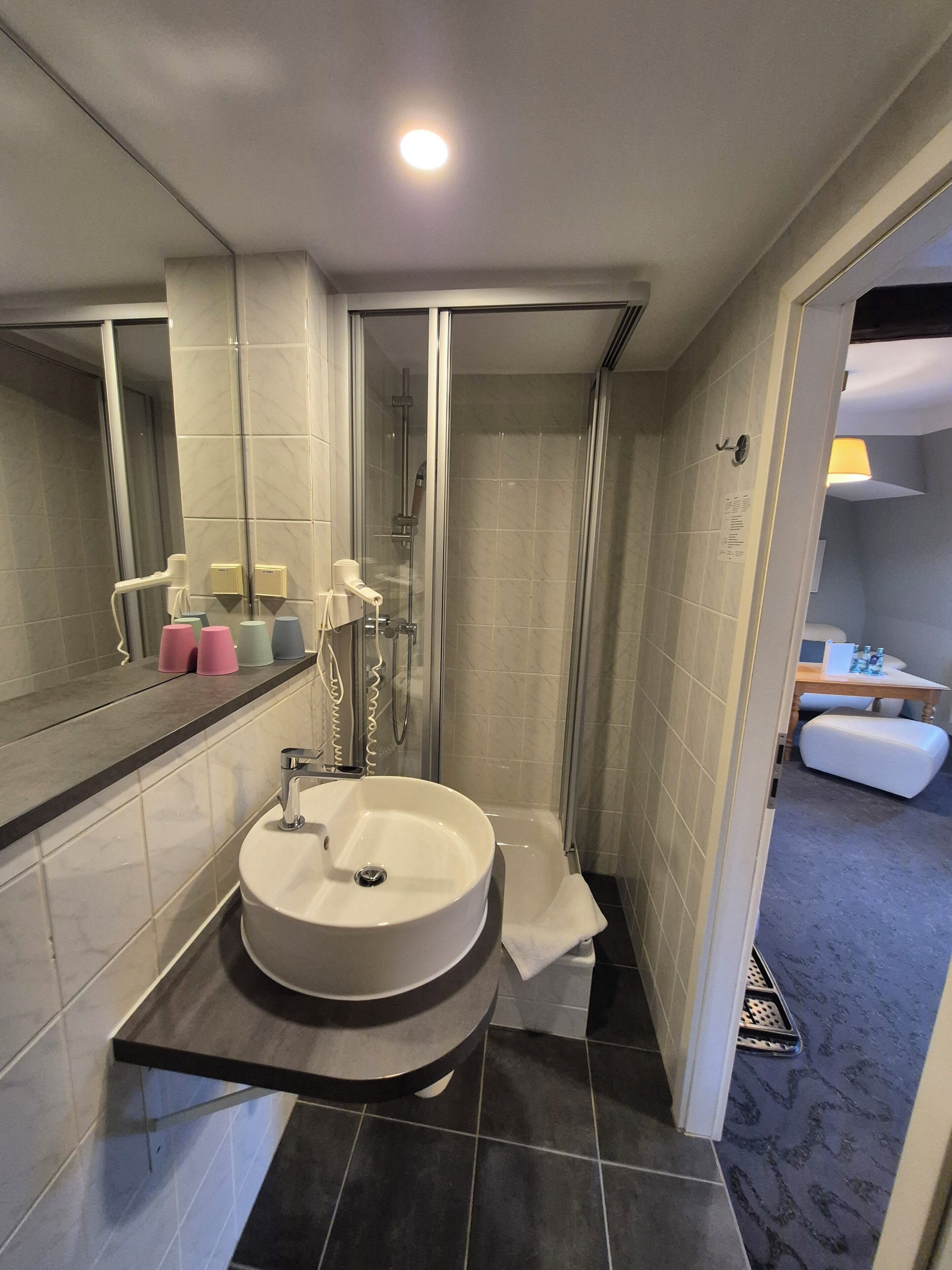 Shower, hair dryer, soap, shampoo
