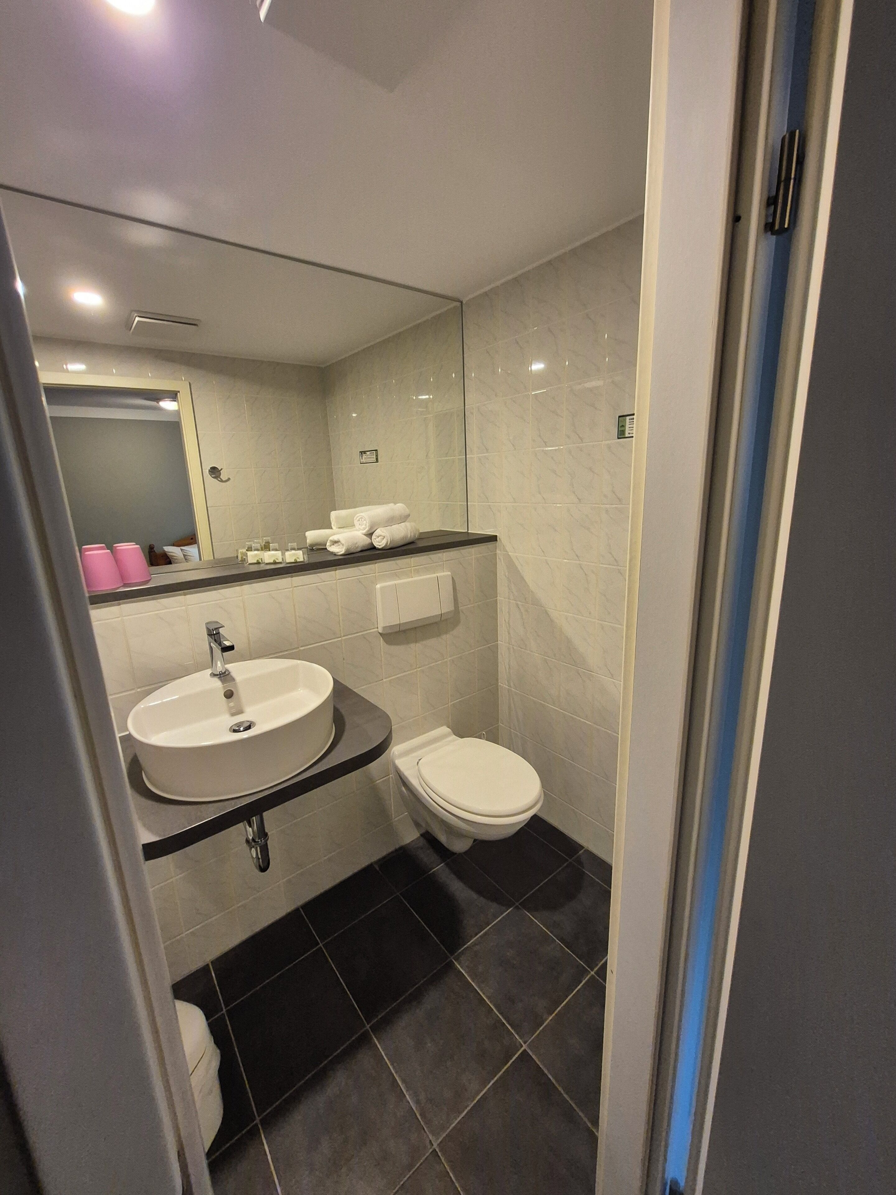 Ein modernes Badezimmer mit einem weißen Waschbecken, einer Toilette und einem Spiegel.