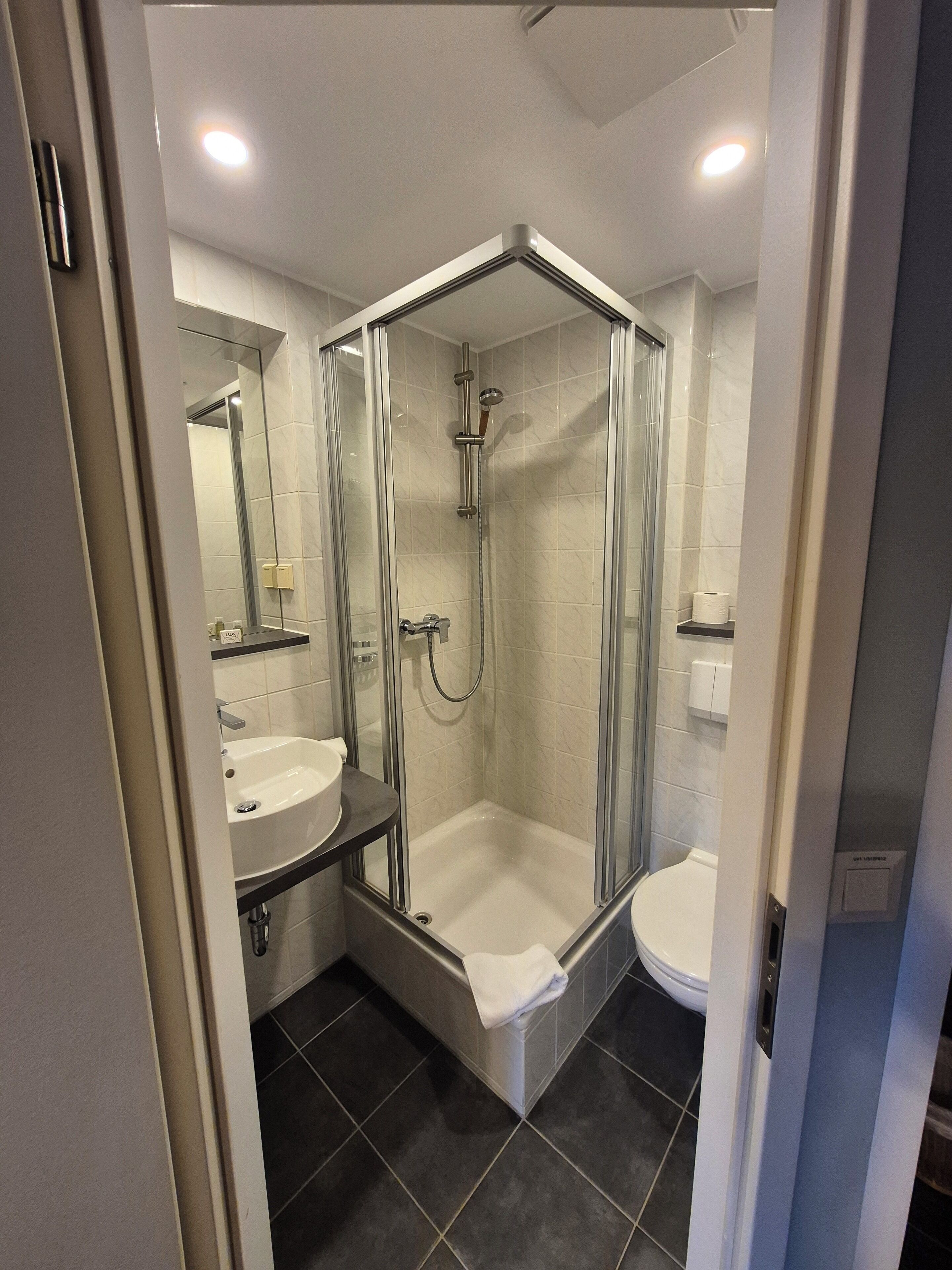 A modern bathroom with a glass-enclosed shower, a sink, and a toilet.