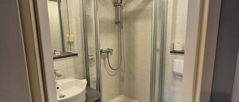 A modern bathroom with a glass-enclosed shower, a sink, and a toilet.