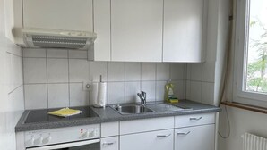 A compact kitchen with white cabinets, a stainless steel sink, and a built-in stove. - Practical Studio nearby Lake (Cross 6) (Zürich)
