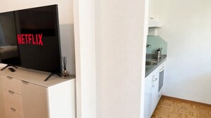 A room with a television displaying the Netflix logo, a kitchenette with a sink and cabinets, and a wooden floor.