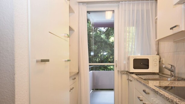 A small kitchenette with a microwave, a sink, and a window with a view of greenery. - Nice studio in the city center (Vineyard 11) (Zürich)