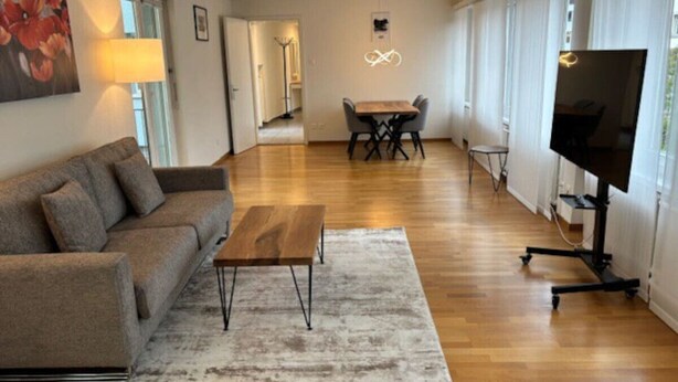A modern living room with a sofa, coffee table, and TV. - Cozy 1 bedroom in the center (D11) (Zürich)